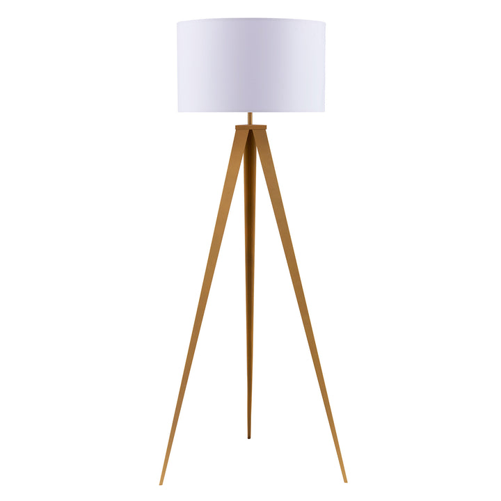 Teamson Home Romanza 62" Postmodern Tripod Floor Lamp with Drum Shade, Matte Gold/White with a white shade and golden legs.
