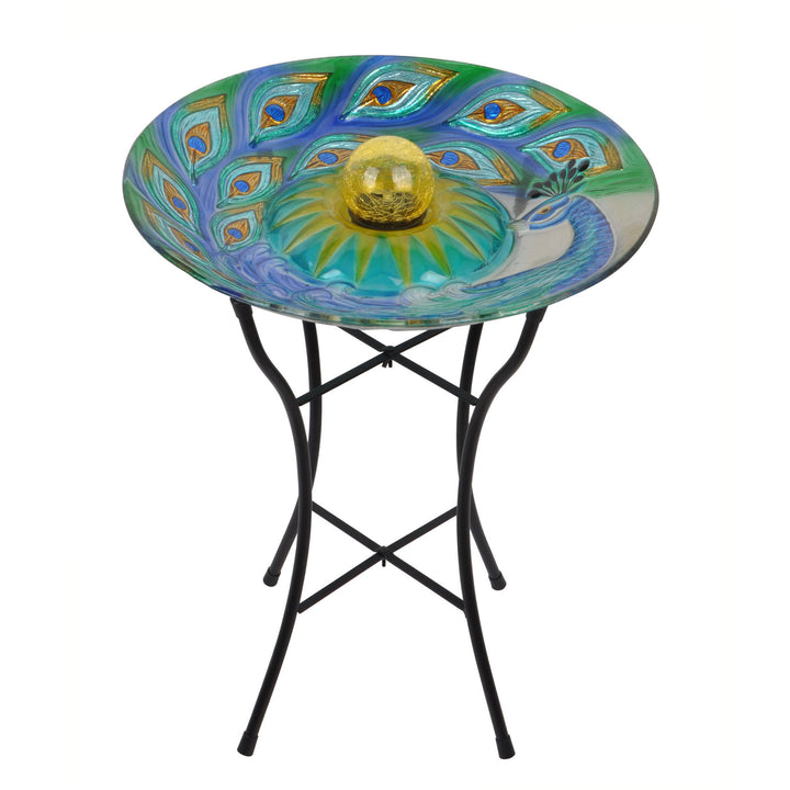 Teamson Home 18" Outdoor Solar Glass Peacock Birdbath with LED Lights and Stand, Multicolor