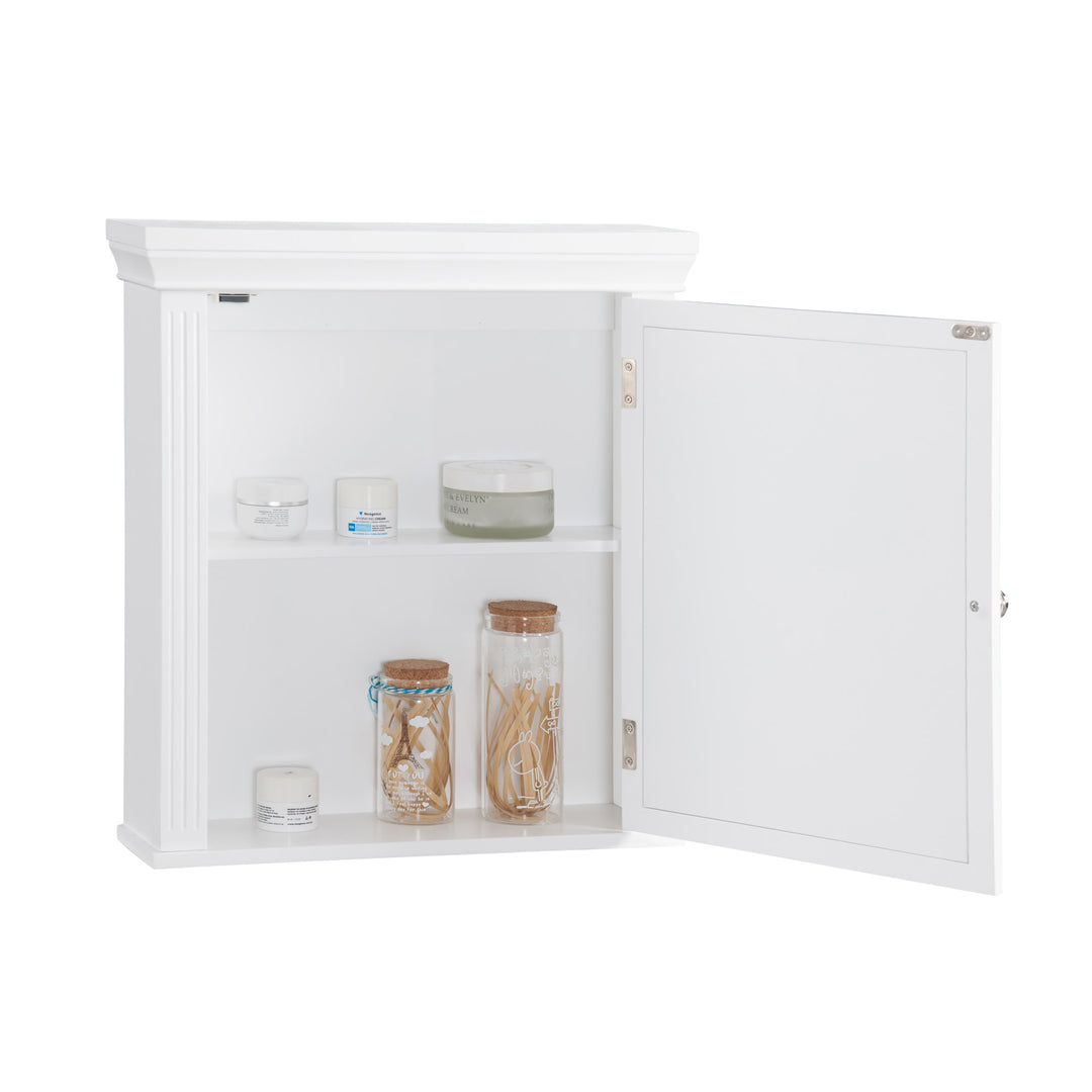 An open White Teamson Home Removable Mirrored Medicine Cabinet with Crown Molded Top with toiletries inside