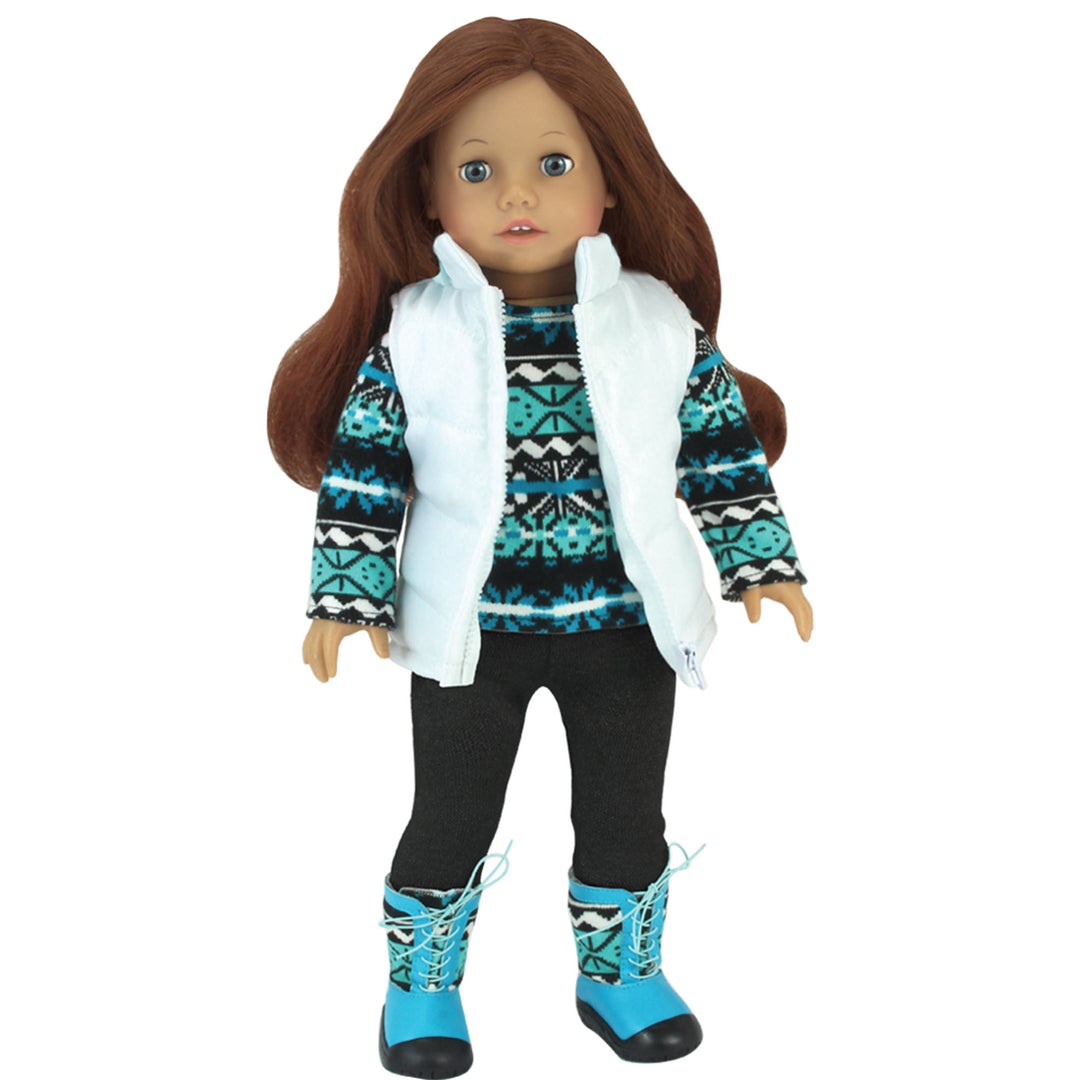 A 18" girl with brown hair, and a blue, black, and white sweater, black leggings, a white puffy vest, and blue and black boots.