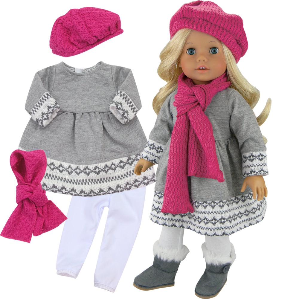 A pink beret and scarf, gray dress, and white leggings on a blonde 18" doll with blue eyes.