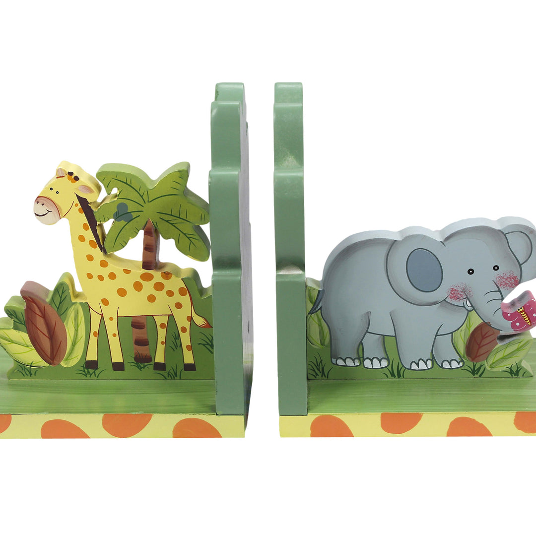 A set of children's bookend, one with a giraffe and one with an elephant.