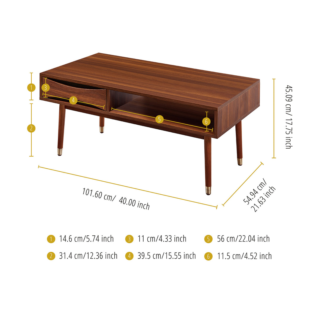 A diagram showing the measurements of a Teamson Home Dawson Modern Wooden Coffee Table in inches and centimeters.
