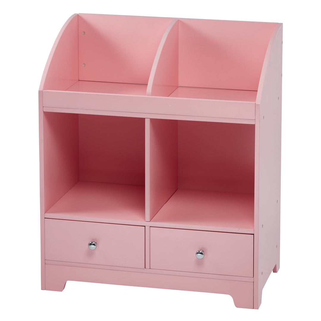 A pink Fantasy Fields Little Princess Cindy 3 Tier Toy Cubby Storage with Drawers.