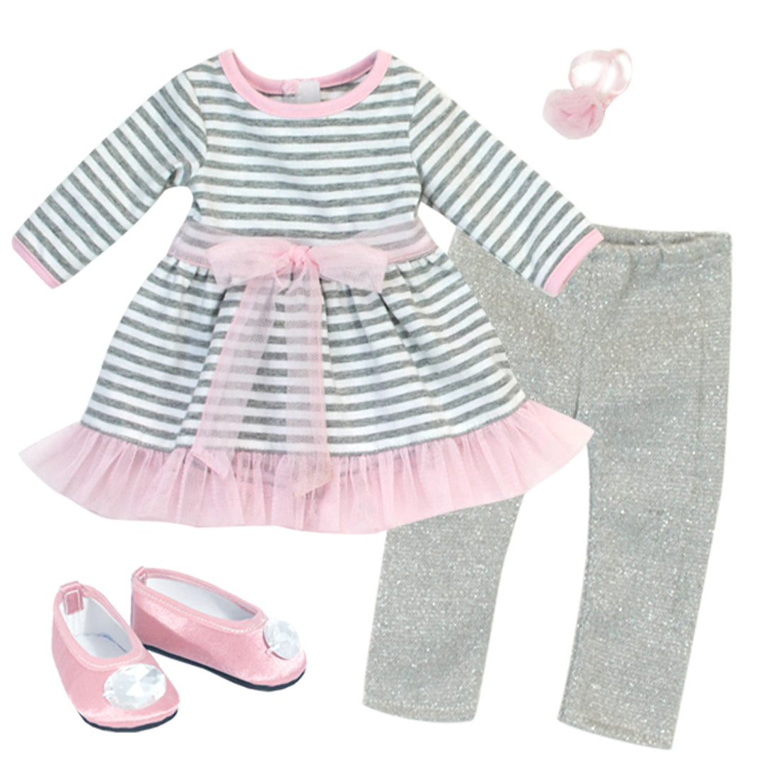 Sophia's Striped Dress, Leggings, Hair Accessory and Jeweled Shoes for 18" Dolls, Gray/Pink