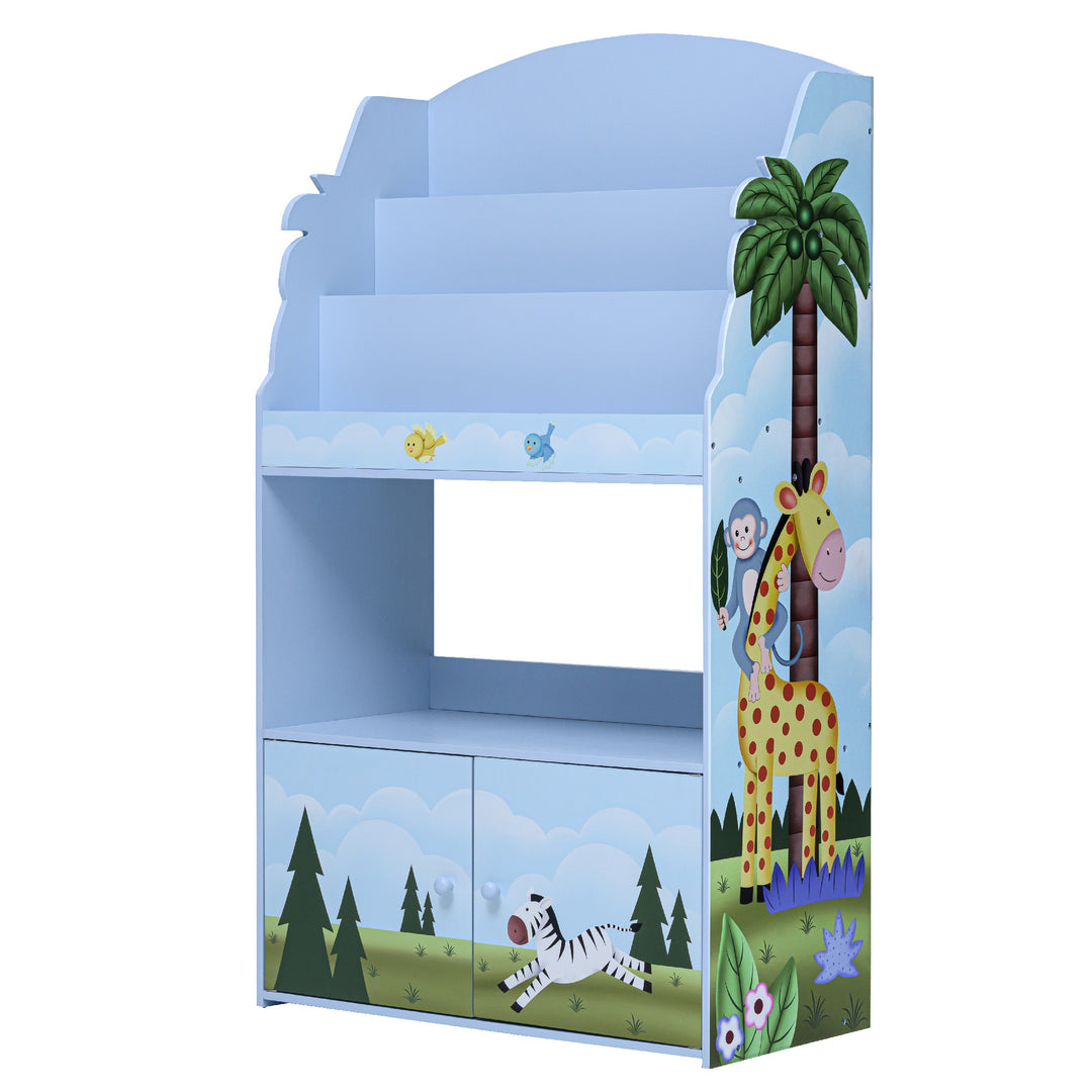 A Fantasy Fields Sunny Safari Kids 3-Tier Wooden Bookshelf with Storage, Multicolor with jungle creatures like giraffes and zebras on it.