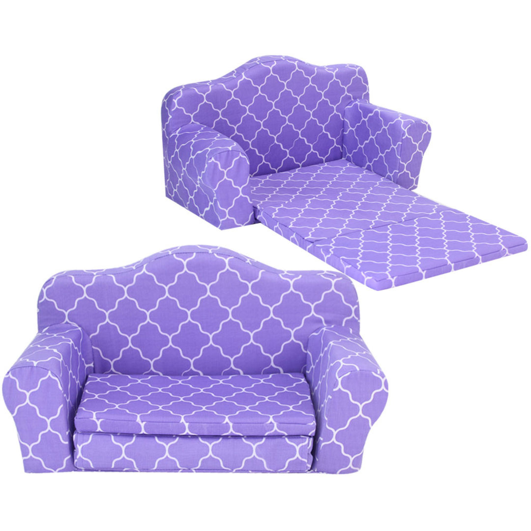 Sophia’s Plush Pull Out Couch/Double Bed Sized for 18" Dolls, Purple and white and purple, in a pulled out (top) and in the couch position (bottom).