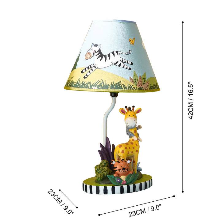 A Fantasy Fields Kids Sunny Safari Table Lamp with a giraffe and zebra on it, perfect for a child's bedroom.