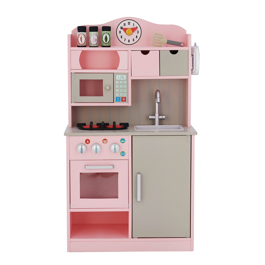 Teamson Kids Little Chef Florence Classic Play Kitchen, Pink/Gray with a microwave, stove, sink, and various kitchen accessories.