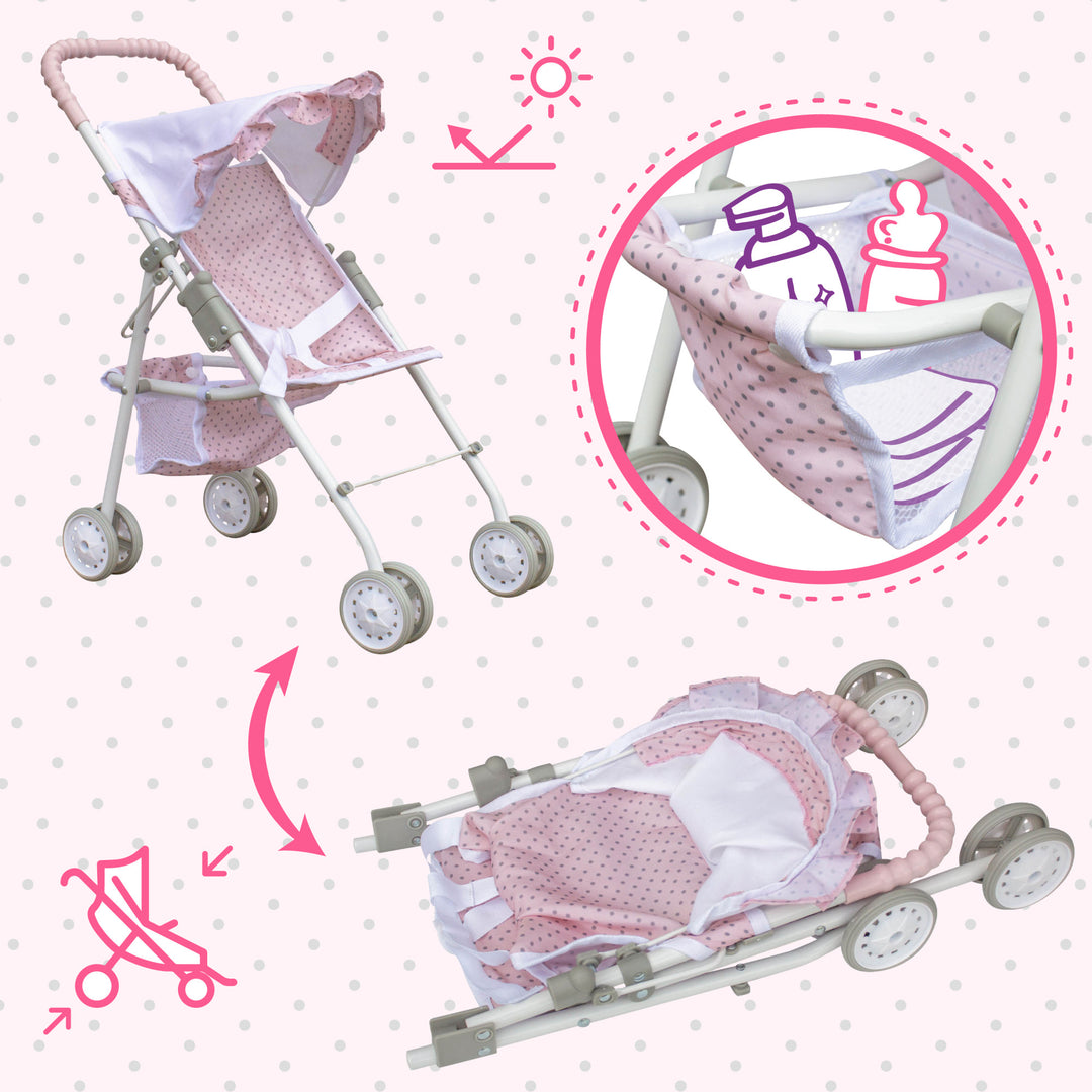 An infographic about a pink and white baby doll stroller with icons referencing the retracting canopy, the storage basket, and that the stroller can collapse.