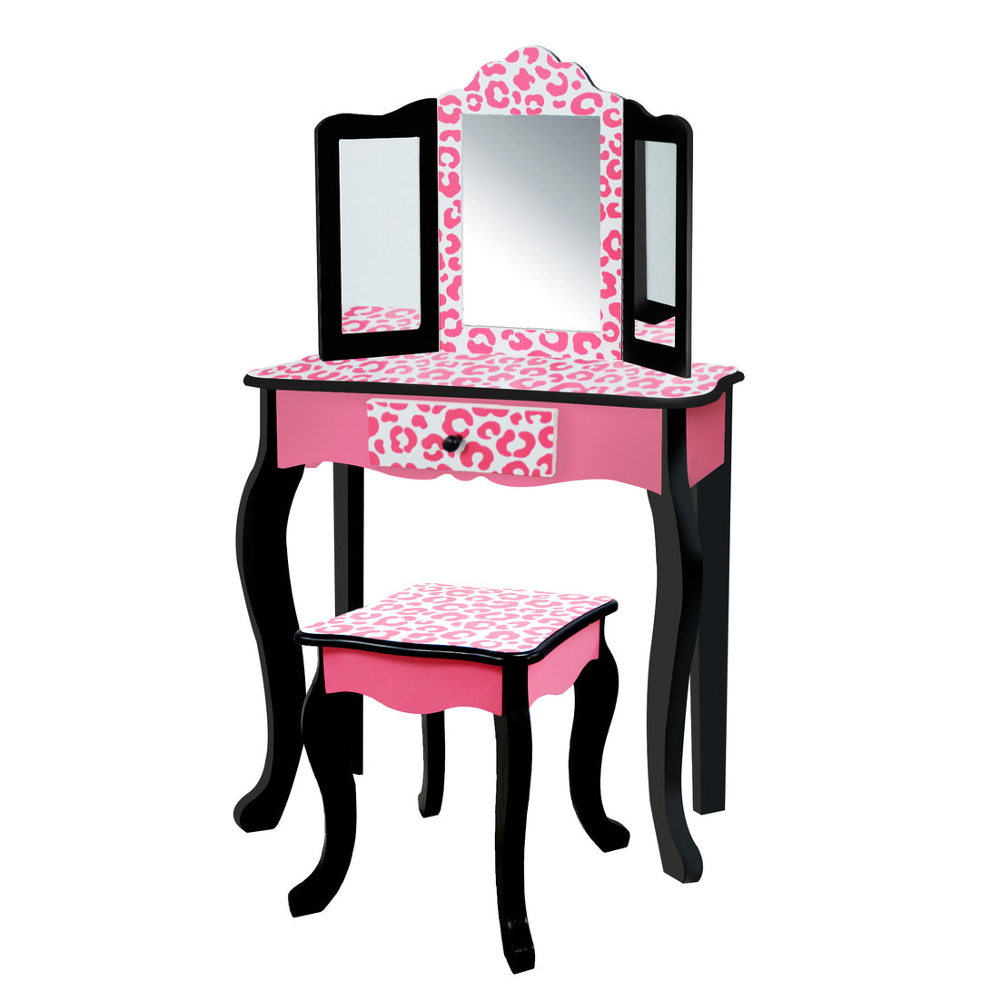 A Fantasy Fields Gisele Leopard Print Vanity Playset, Pink / Black with a mirror and stool.