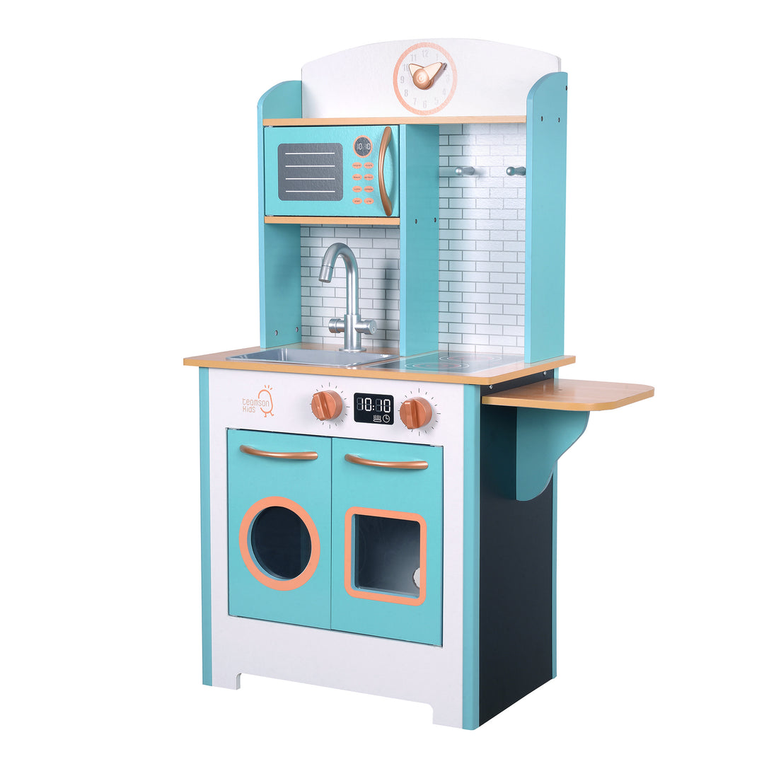 Teamson Kids Little Chef Santos Retro Play Kitchen in white with blue and gold accents.