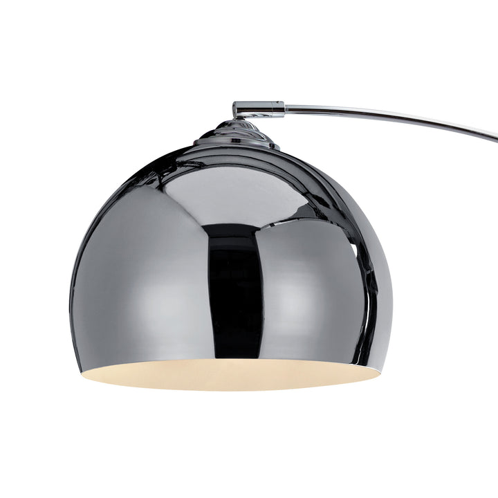 A Teamson Home Arquer Arc 66" Metal Floor Lamp with Bell Shade, Chrome with a white interior.