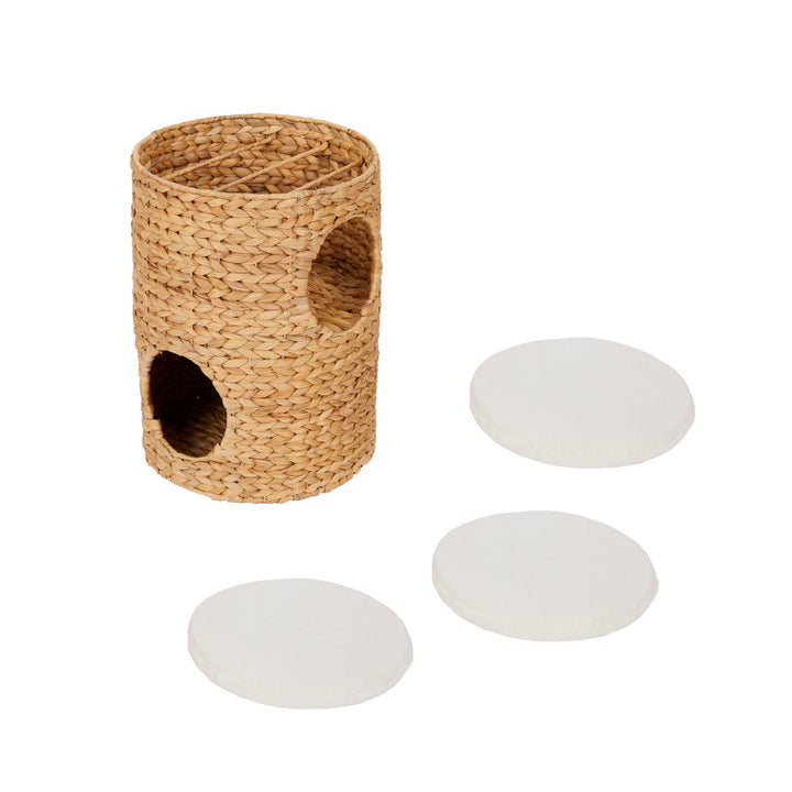 Teamson Pets Neith Wicker Seagrass 3-Tier Cat Bed Condo with Cushions, Tan/Cream