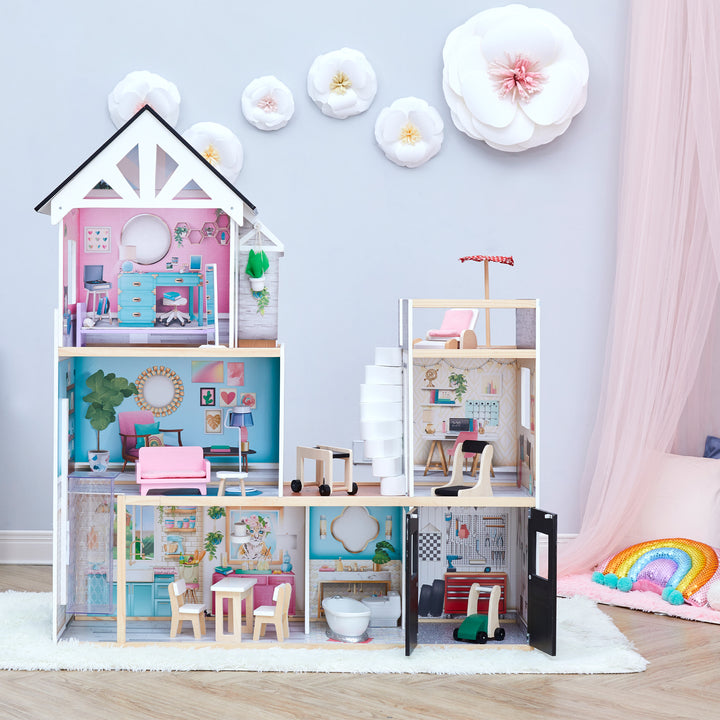 A view of a three-story dollhouse with accessories and detailed illustrations.