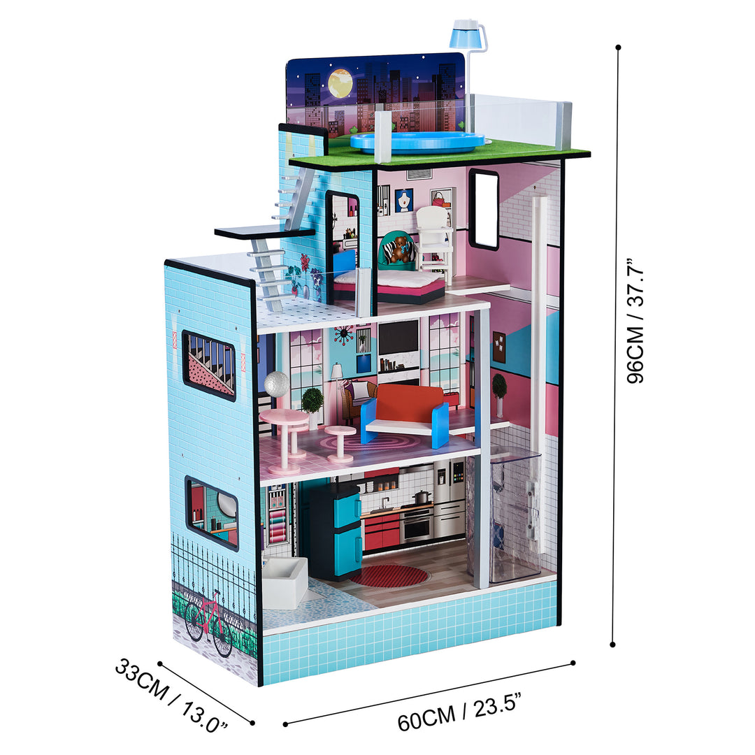 A black and turquoise three-story dollhouse with dimensions listed in inches and centimeters.