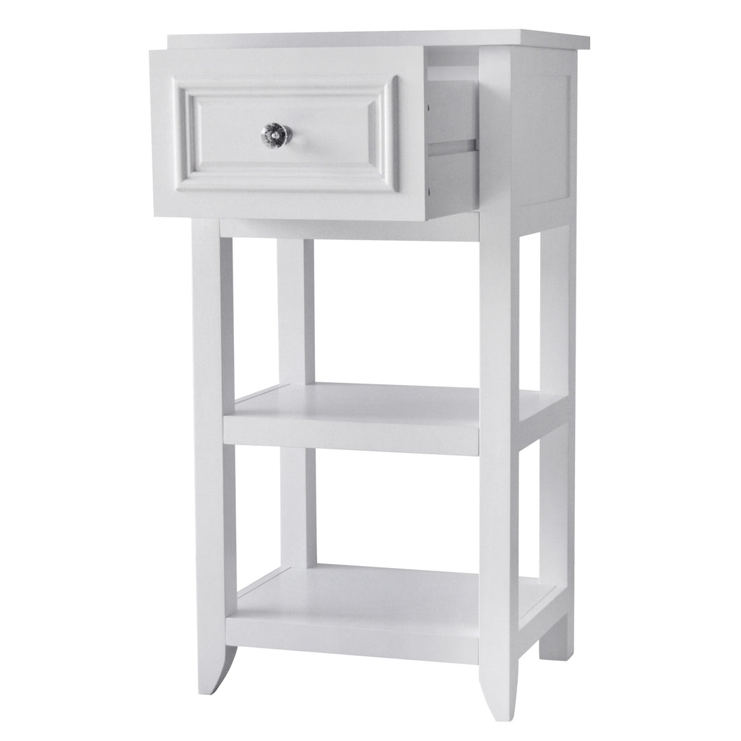 The Teamson Home Dawson Accent Table with storage drawer and shelves, White with the drawer pulled open