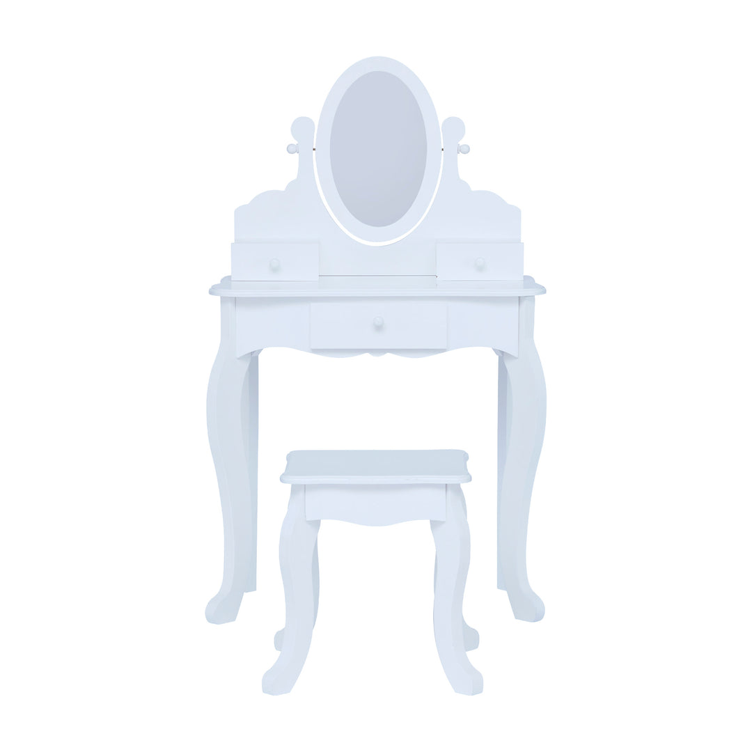 A white Fantasy Fields Little Princess Rapunzel Vanity with Mirror, Drawers and Stool.