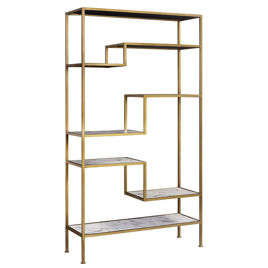 A Teamson Home Marmo Modern Marble  5-Tier Display Shelf with a faux marble top and display shelves.