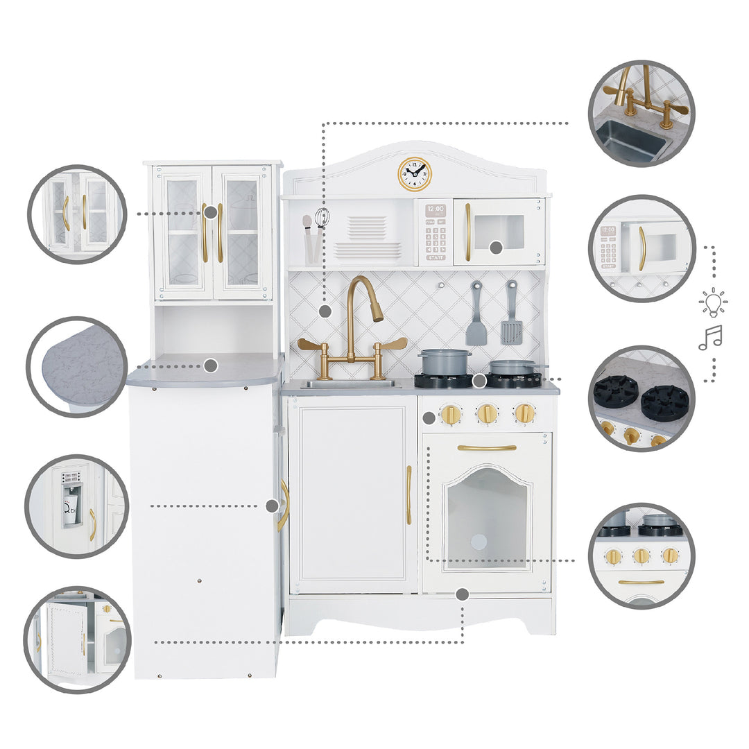 Specific features: a cabinet with windows and golden handles, a faux gray countertop, an interactive ice dispenser, illustrated beadboard, knobs that twist and make noise, two pretend burners, a microwave, and a farmhouse-style sink.