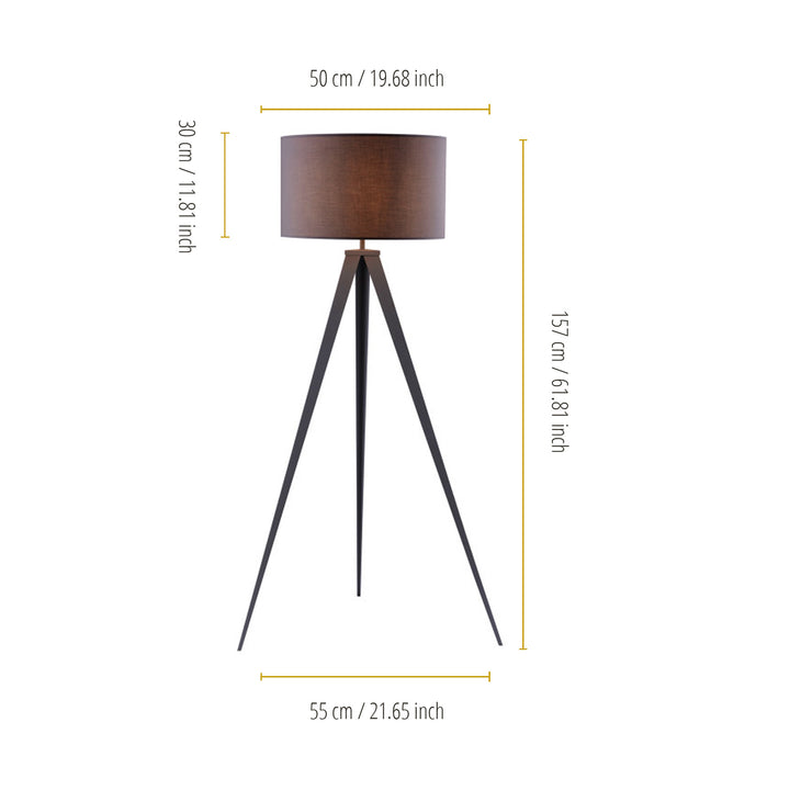 Teamson Home Romanza 62" Postmodern Tripod Floor Lamp with Drum Shade, Gray with a versatile, brown lampshade and three-legged base, including dimensions in inches and centimeters