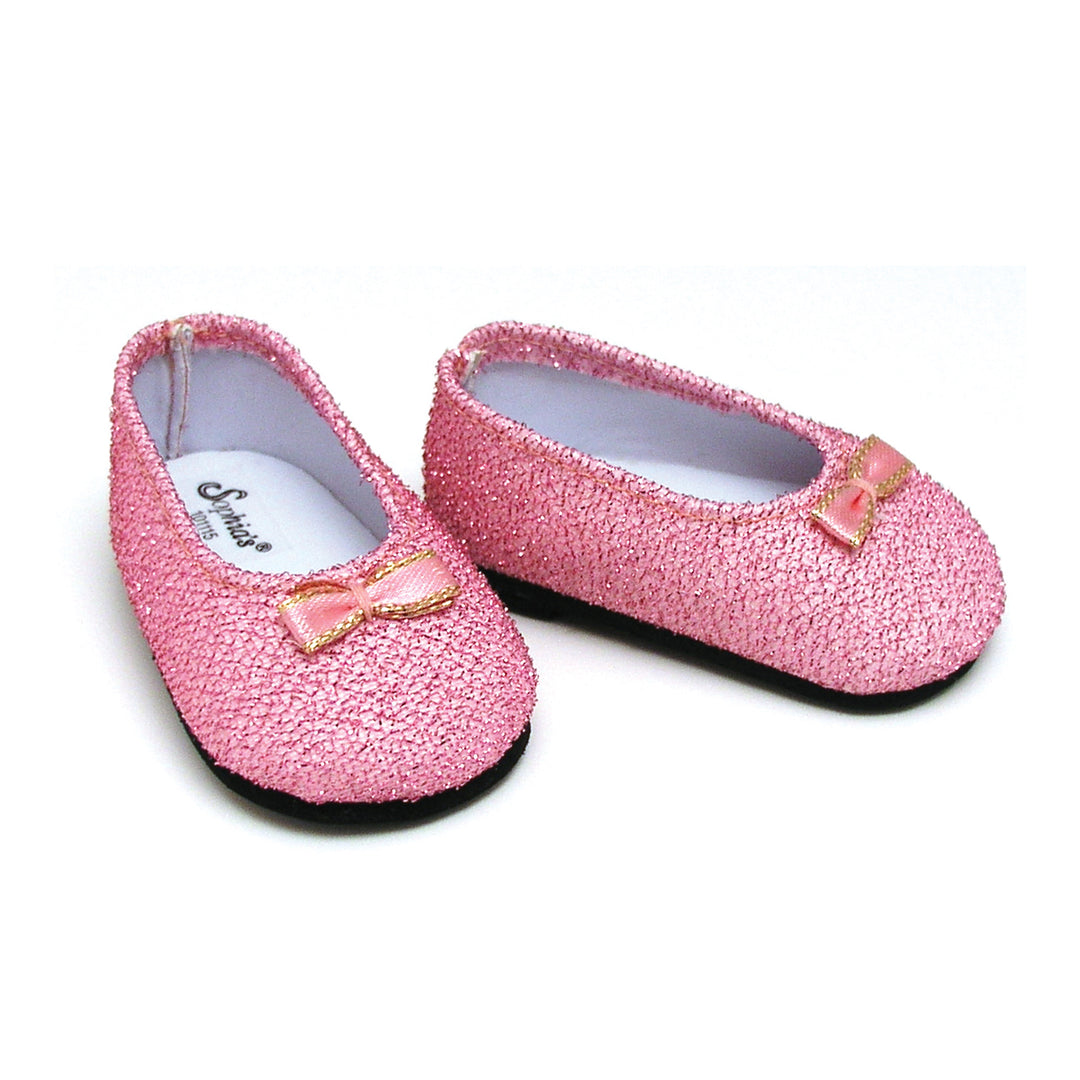 A pair of Sophia's Pink Glitter Dress Shoes Accessory for 18" Dolls with a bow on them.