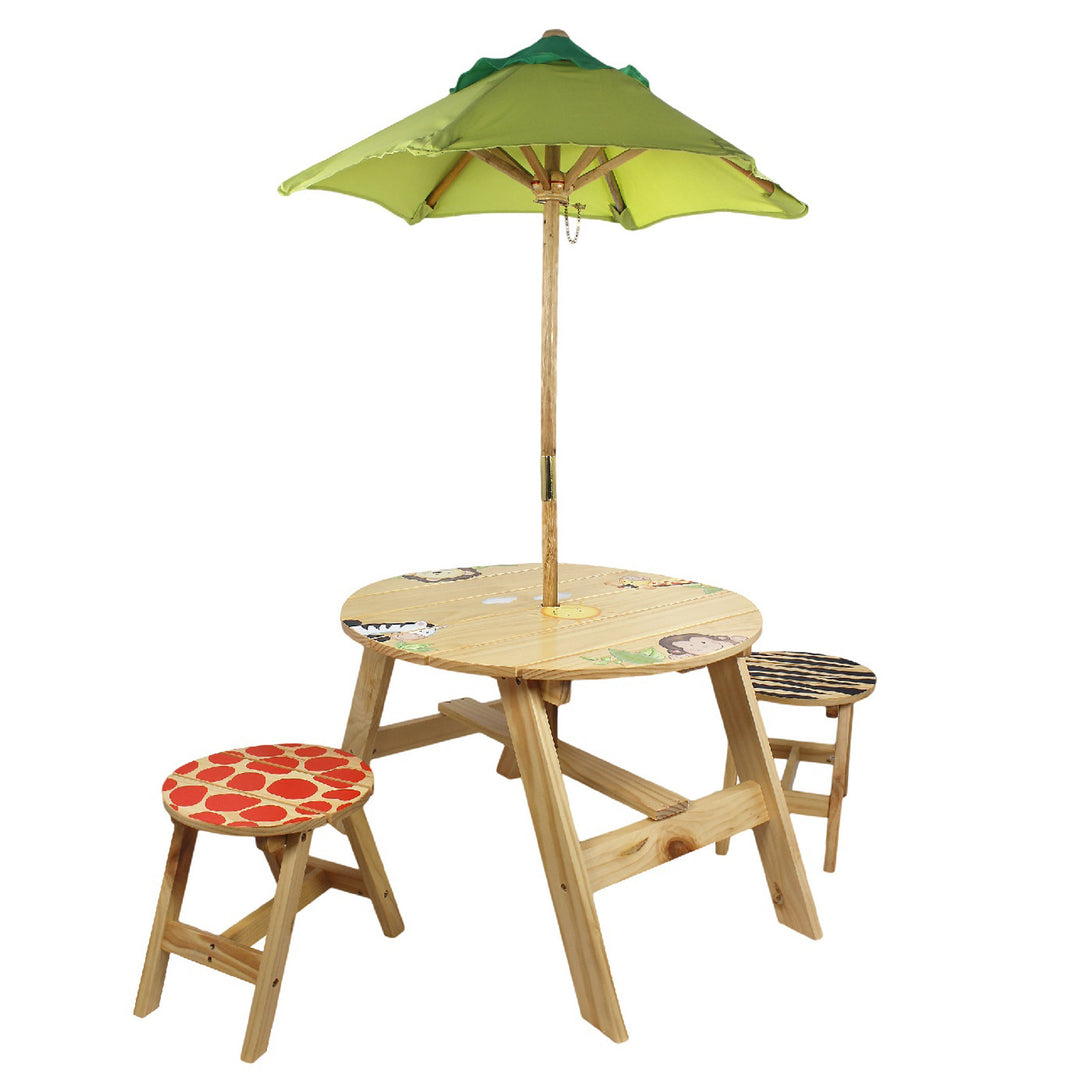 Teamson Kids - Toy Furniture -Sunny Safari Outdoor Table & Set of 2 Chairs with a green umbrella and animal-themed seats, crafted from weather-resistant wood.