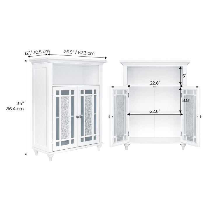 A view from the side and one open of the White Teamson Home Windsor Floor Cabinet with Glass Mosaic Doors with dimensions in inches and centimeters