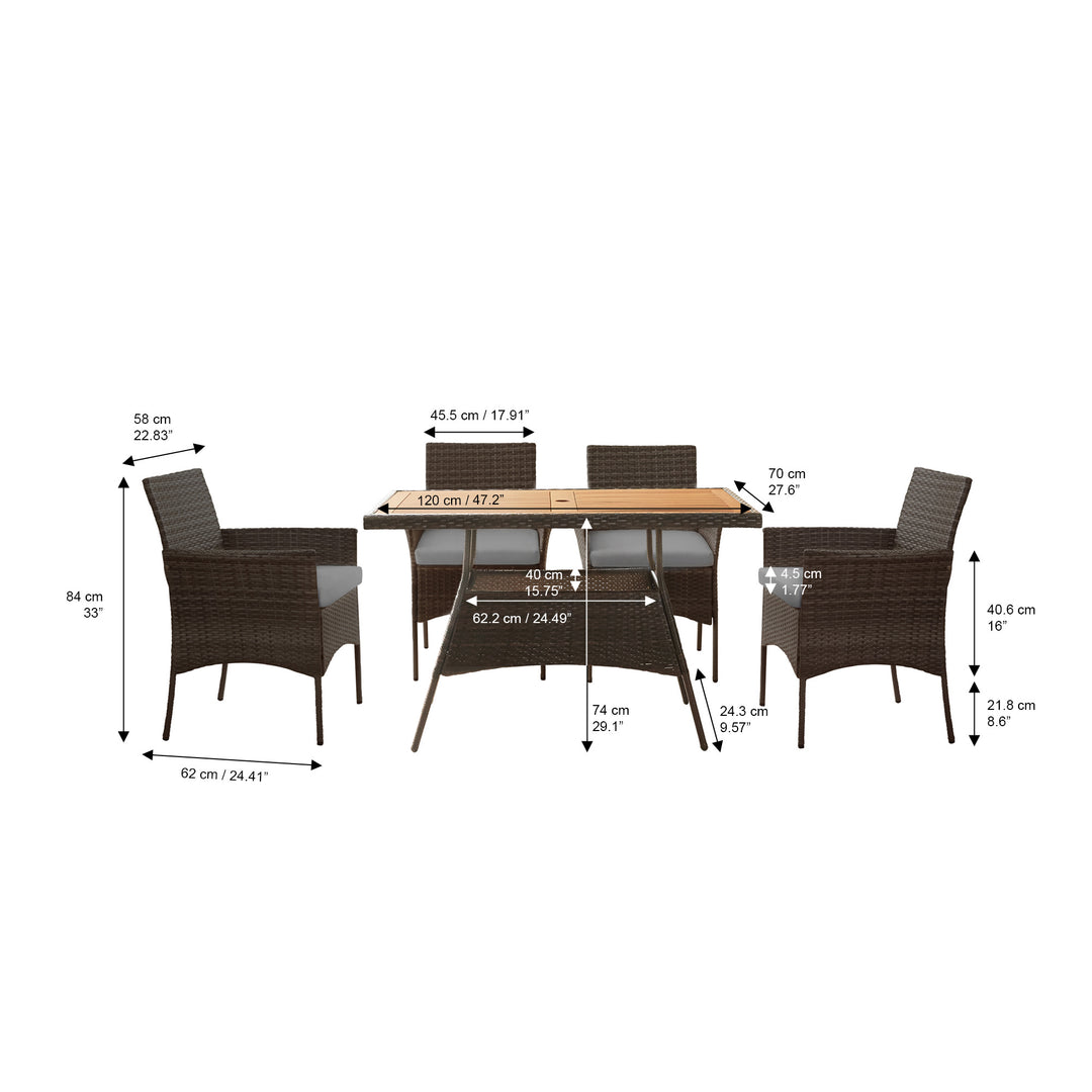 Dimensions in inches and centimeters of the Teamson Home Outdoor Brown PE Rattan & Acacia 5-Piece Patio Dining Set with White Cushions