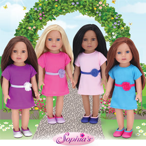 Four 18" Sophia dolls standing together in matching dresses in different colors. 