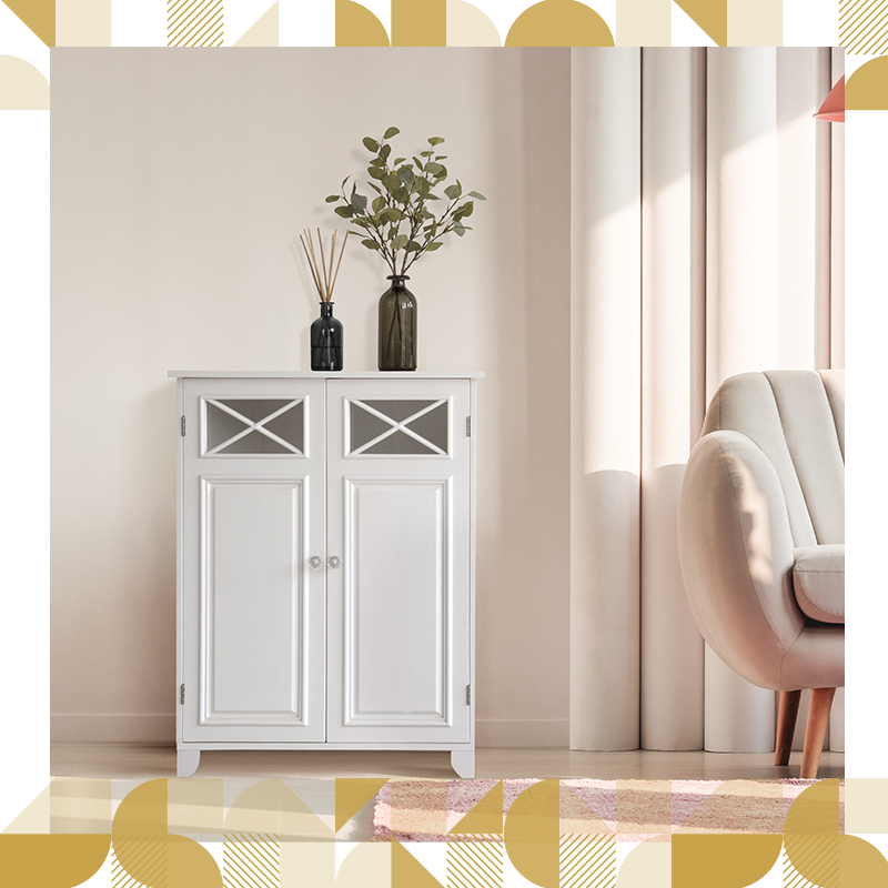 A white double door floor cabinet with beadboard and glass accents to the doors against a ivory colored wall 