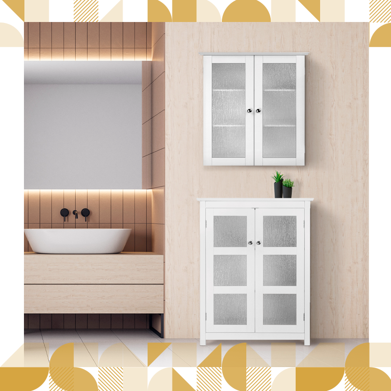 White removable cabinet sits on the wall of the bathroom above a white free standing cabinet of the same design.