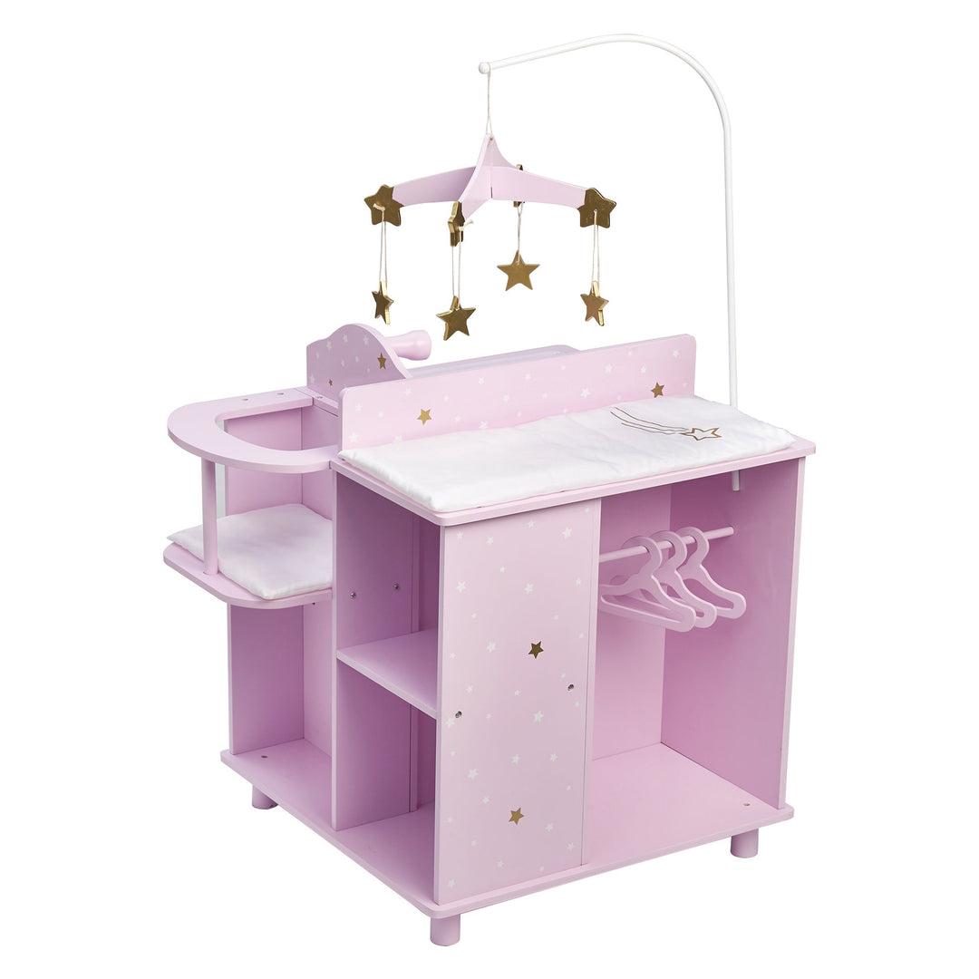 A 4-in-1 baby doll changing station in a lilac color with a starry mobile, closet, high chair, sink, and changing table for baby dolls.