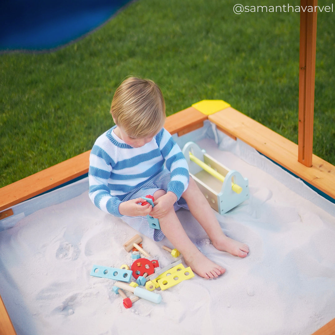Teamson Kids 4' Square Solid Wood Sandbox with Rotatable Canopy Cover, Honey/Blue