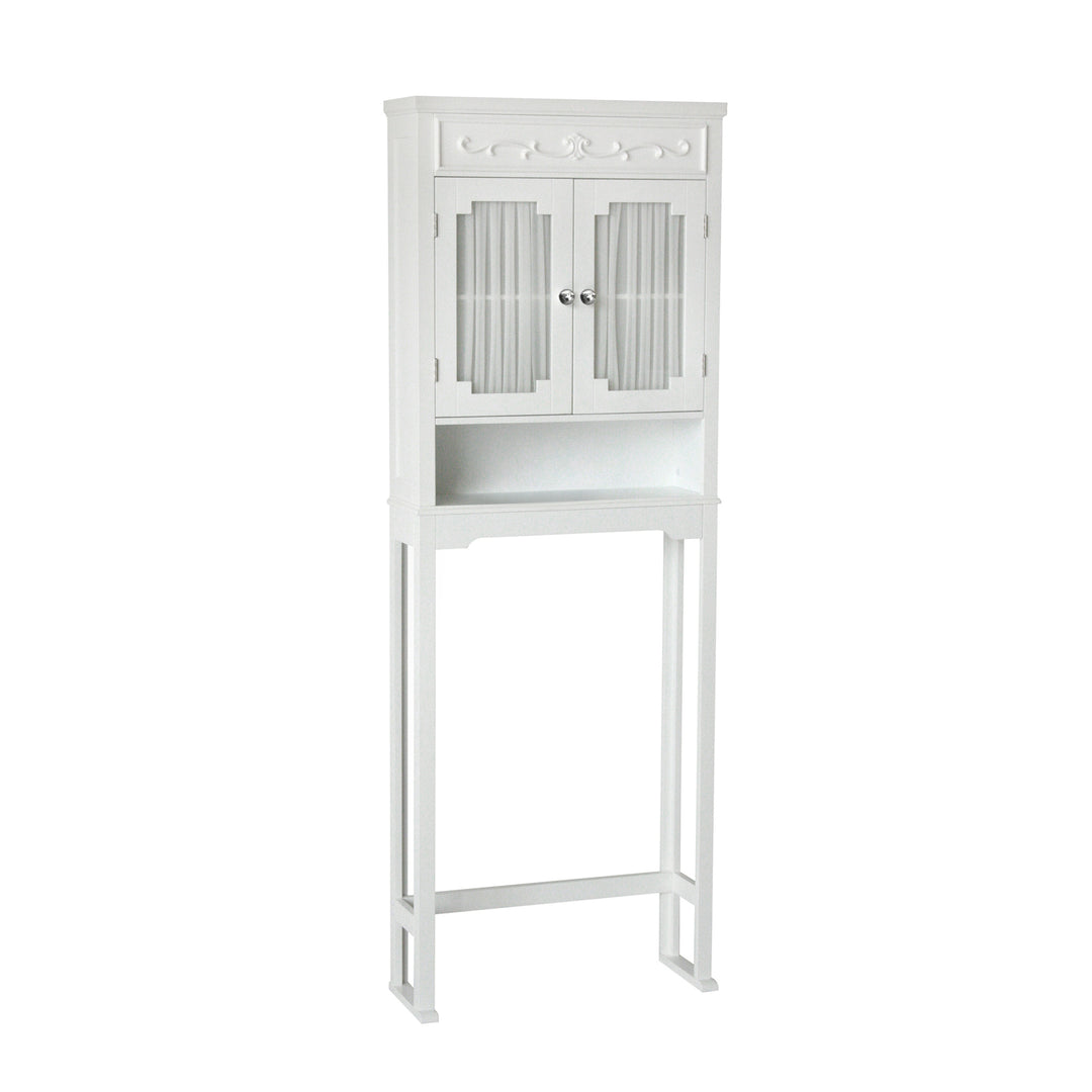 A durable white wooden Teamson Home Lisbon bathroom cabinet with glass-paneled doors and tall legs, featuring ample storage.