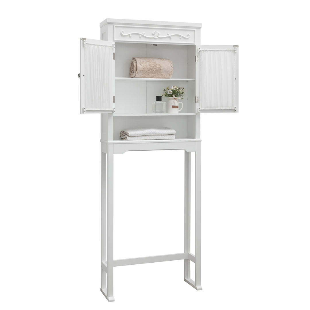 A White Teamson Home Lisbon Over the Toilet Storage Cabinet with the cabinet doors open with items on the shelves 