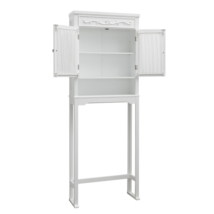 White standing, durable Teamson Home Lisbon Over the Toilet Space Saver Bathroom Storage Cabinet with Curtained Doors Adjustable Shelves with open side doors.