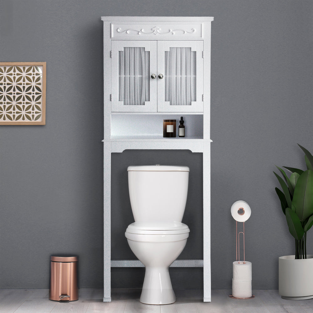 White Teamson Home Lisbon Over the Toilet Storage Cabinet in a modern bathroom with grey walls.