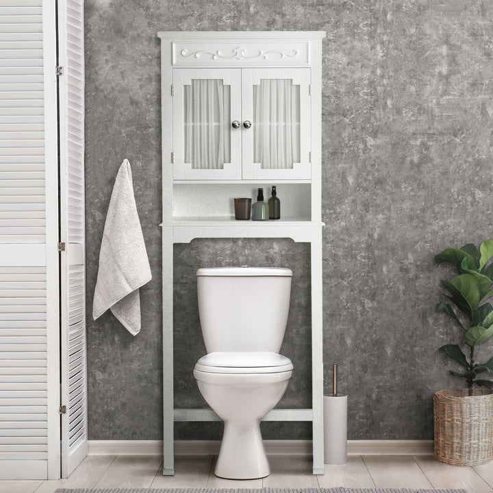 A modern bathroom interior with a White Teamson Home Lisbon Over the Toilet Storage Cabinet, white toilet, and minimalist decor.