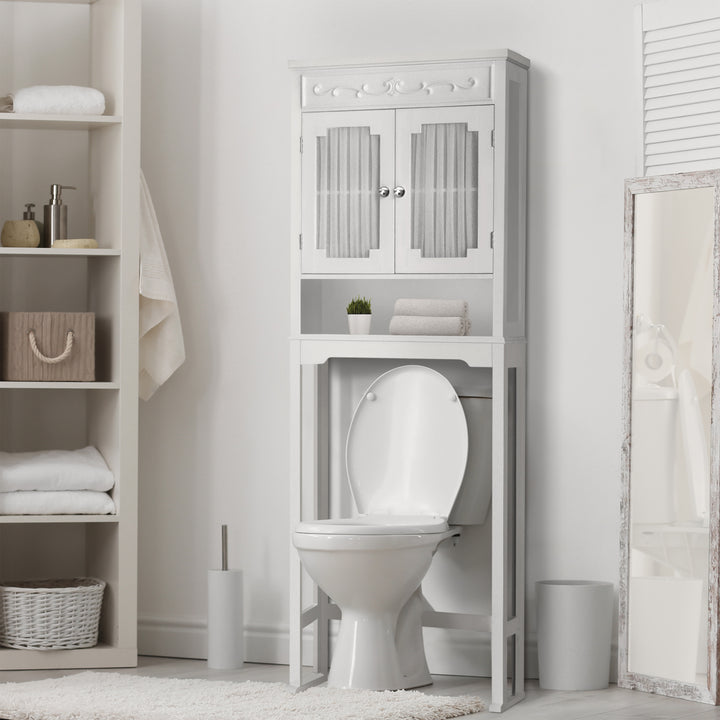 Teamson Home Lisbon Over the Toilet Space Saver Bathroom Storage Cabinet with Curtained Doors Adjustable Shelves in a bathroom setting.