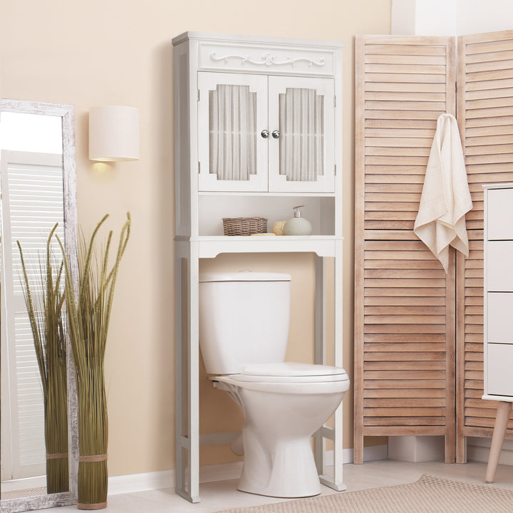 A neatly organized bathroom with a Teamson Home Lisbon Over the Toilet Space Saver Bathroom Storage Cabinet with Curtained Doors Adjustable Shelves.