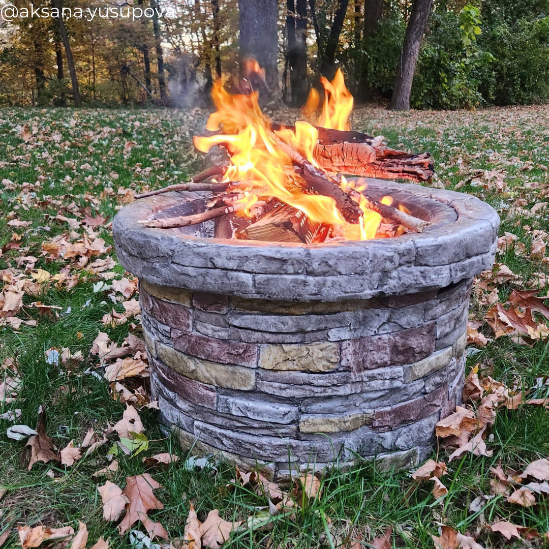 Teamson Home 26.57" Outdoor Round Faux Stone Wood Burning Fire Pit with Accessories, Multi