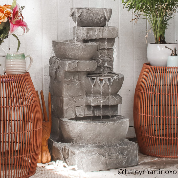 Teamson Home 33.25" Cascading Bowls & Stacked Stones LED Outdoor Water Fountain, Gray