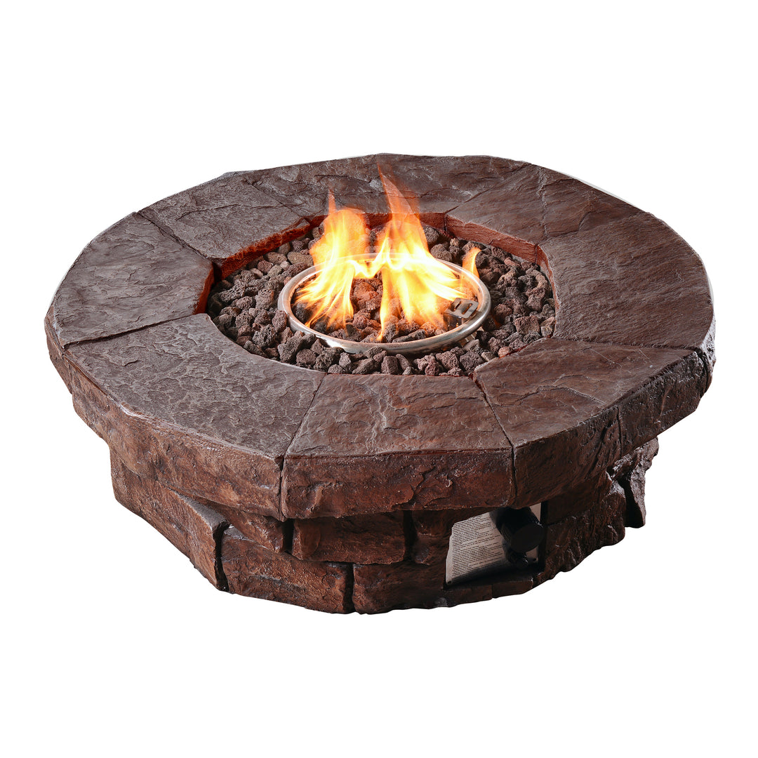 Round Teamson Home Outdoor Circular Stone-Look Propane Gas Fire Pit with a lit fire isolated on a white background.