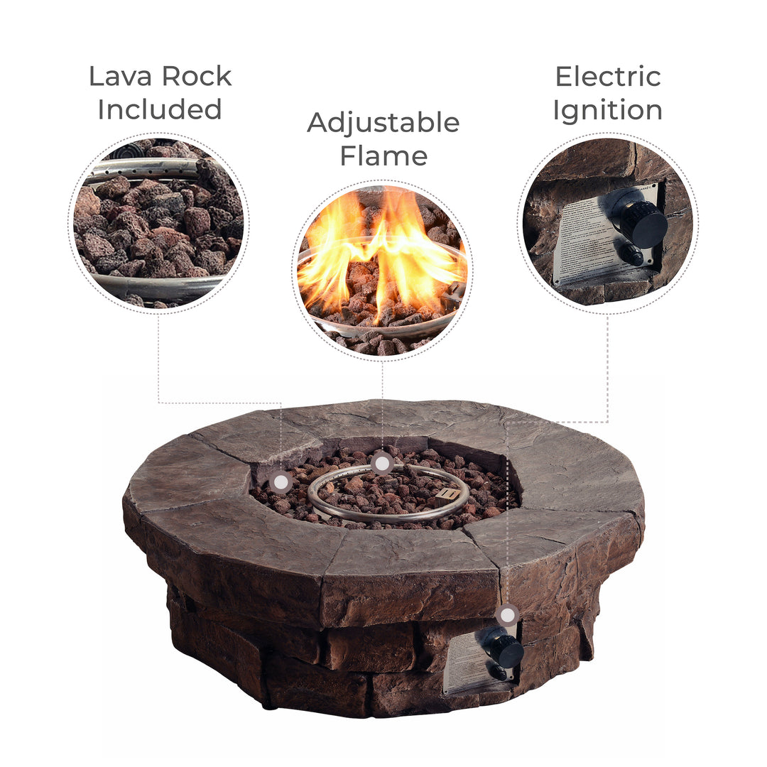 Outdoor Teamson Home Circular Stone-Look Propane Gas Fire Pit with lava rocks, adjustable flame, and electric ignition features.