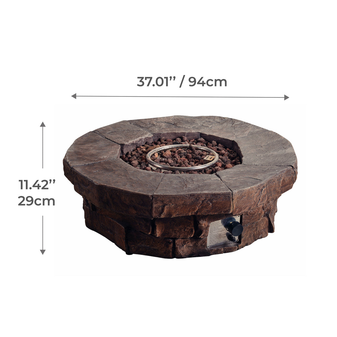 Teamson Home Outdoor Circular Stone-Look Propane Gas Fire Pit, Red-Brown with measurement in inches and centimeters