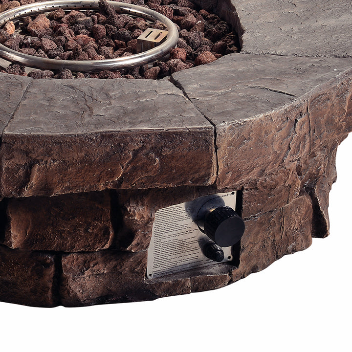 Outdoor Teamson Home Circular Stone-Look Propane Gas Fire Pit, Red-Brown with installed ignition system and lava rocks inside.