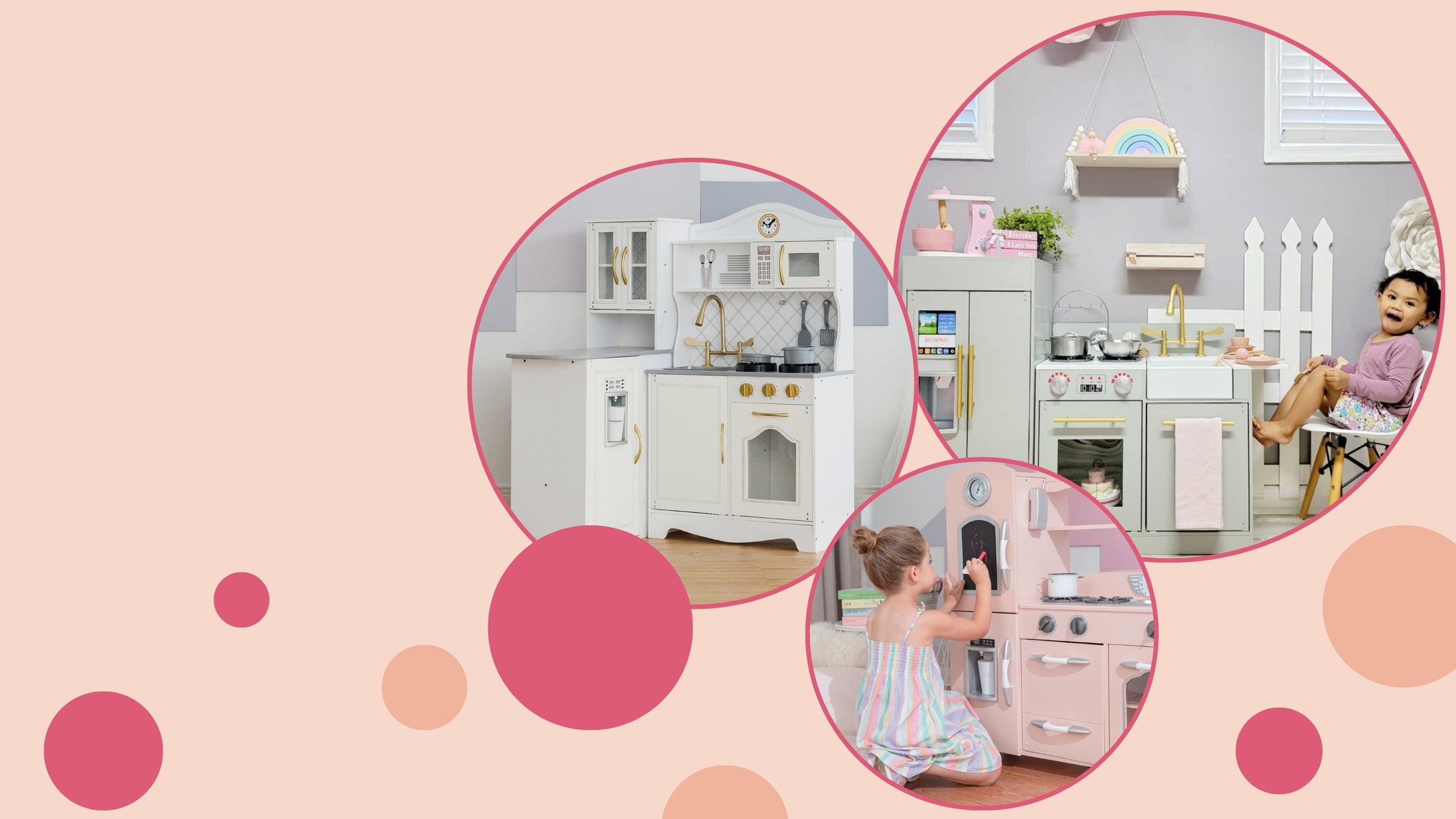 Three circular photos featuring a white and gold play kitchen, a little girl playing with a retro pink play kitchen, and a little girl sitting next to her light gray play kitchen.