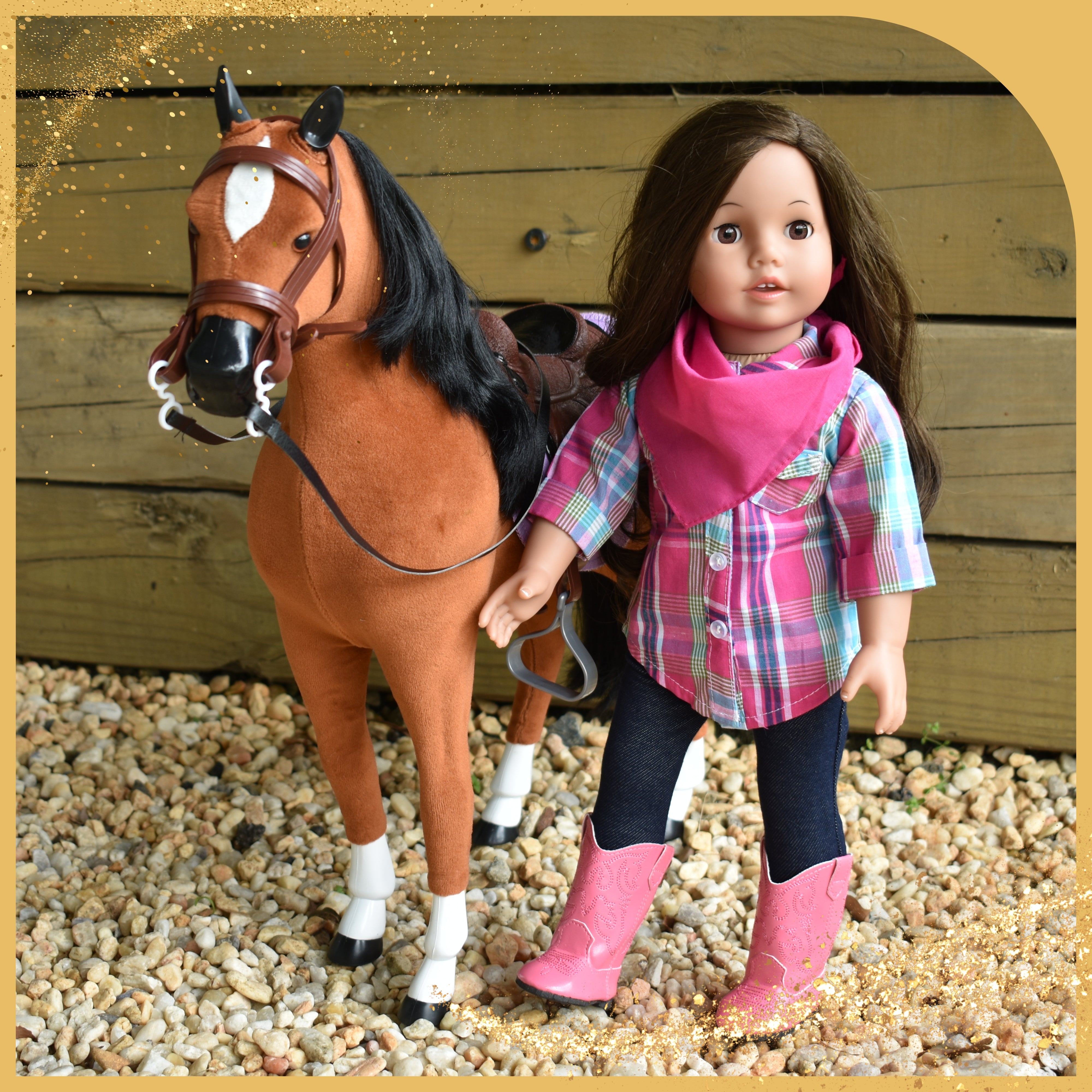 an 18 inch cowgirl stands next to her realistic horse, saddled up and ready to ride