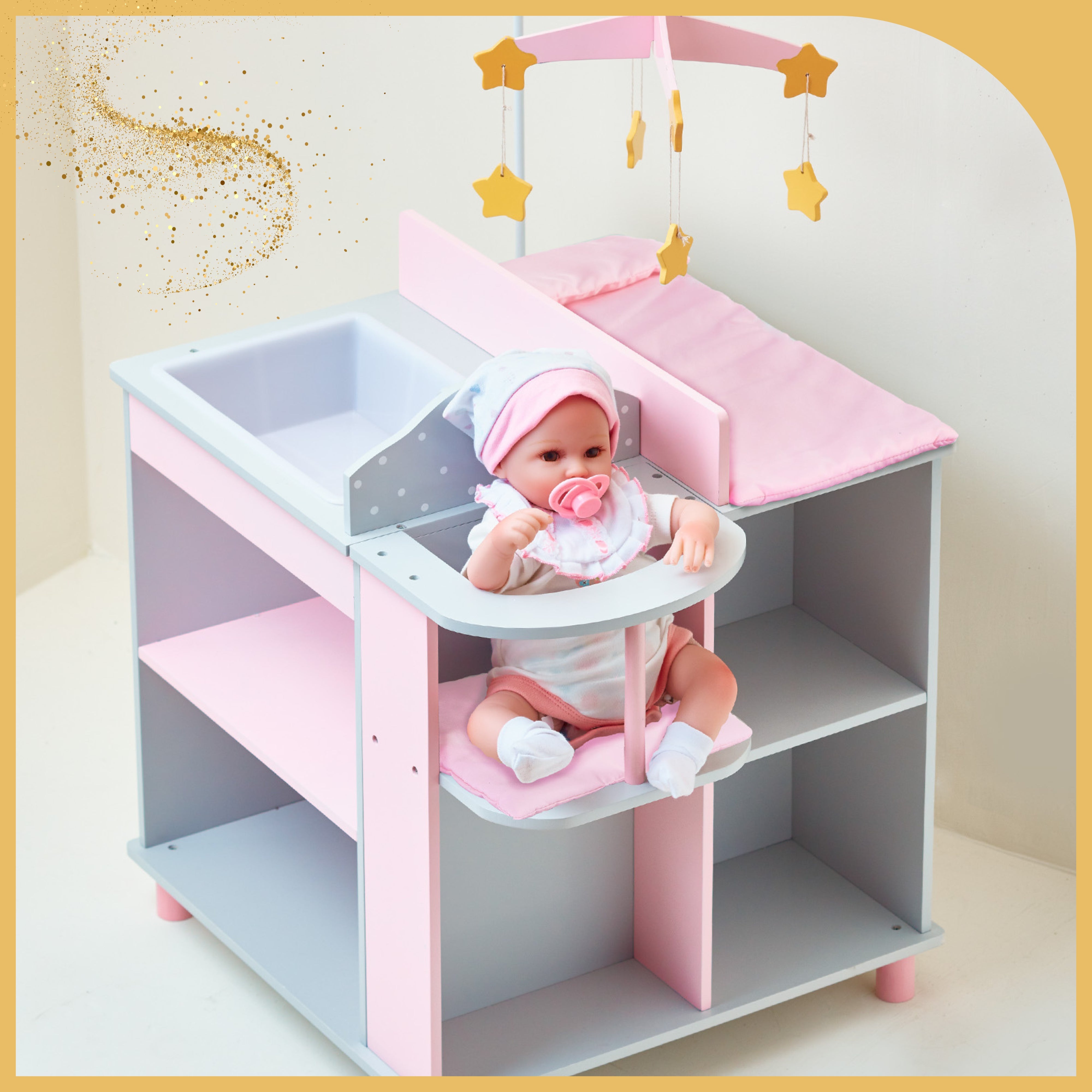 a pretty nursery station features a baby sitting in a high chair waiting to be fed